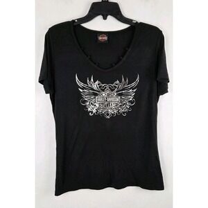 Harley Davidson Womens V-Neck Shirt Black Wings Metallic Size Small Stretch